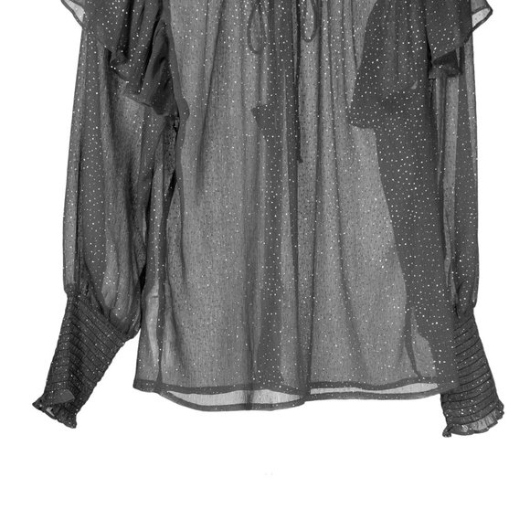 Zara Women's Blouse Gray Sparkle Button Ruffle Neck Tie Sheer Long Sleeve Top XS - Picture 9 of 10